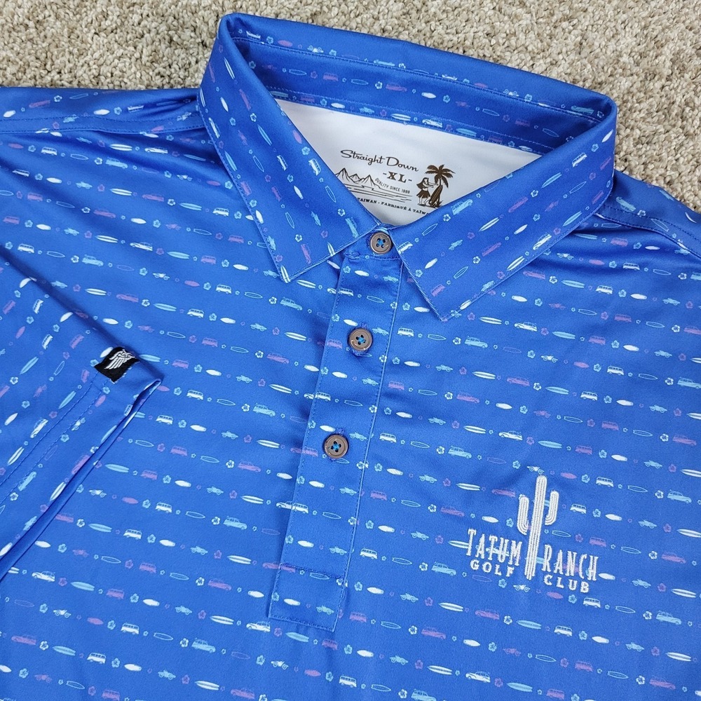 Straight Down Mens XL Blue AOP Boats Cars Performance Stretch Golf Polo SS